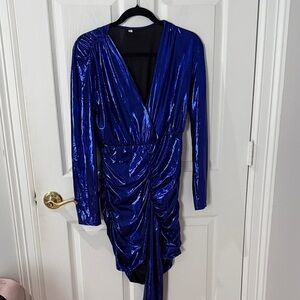 Blue Metallic Long-Sleeve Dress size large like new